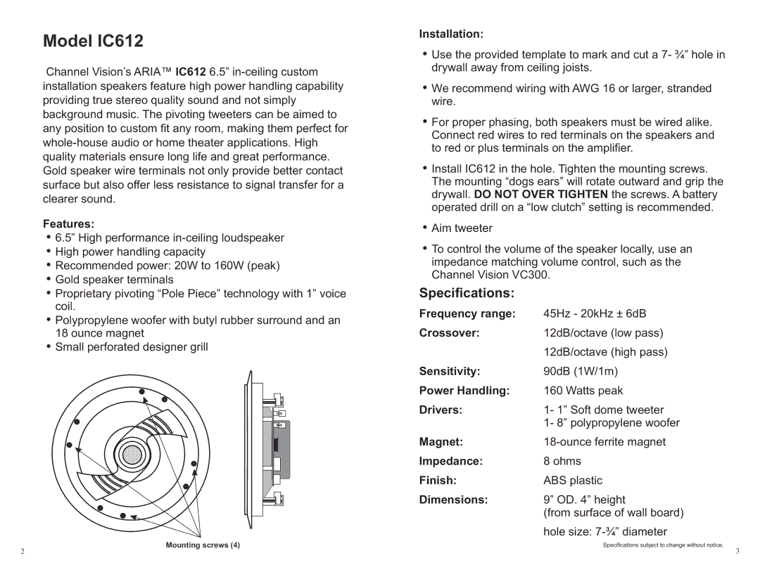 Channel Vision warranty Model IC612, Specifications 