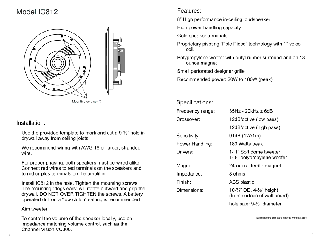 Channel Vision warranty Model IC812, Installation, Features, Specifications 