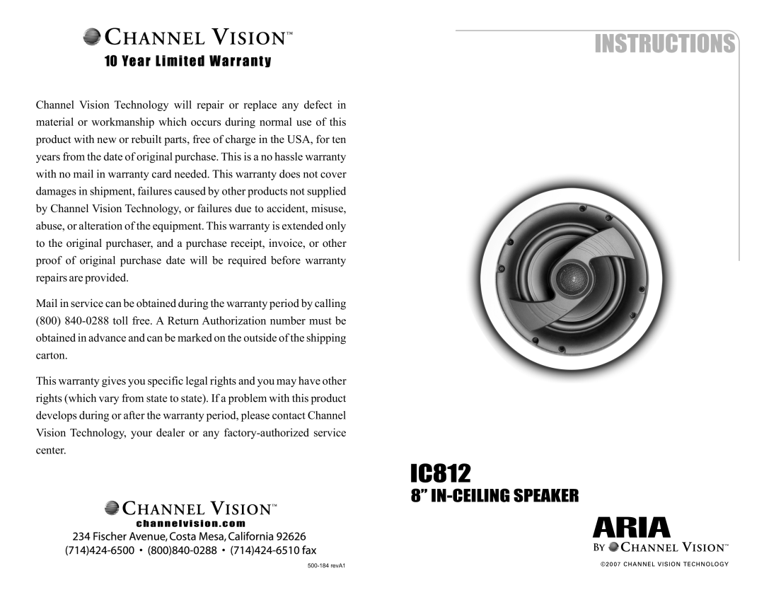 Channel Vision IC812 warranty 8” IN-CEILINGSPEAKER 