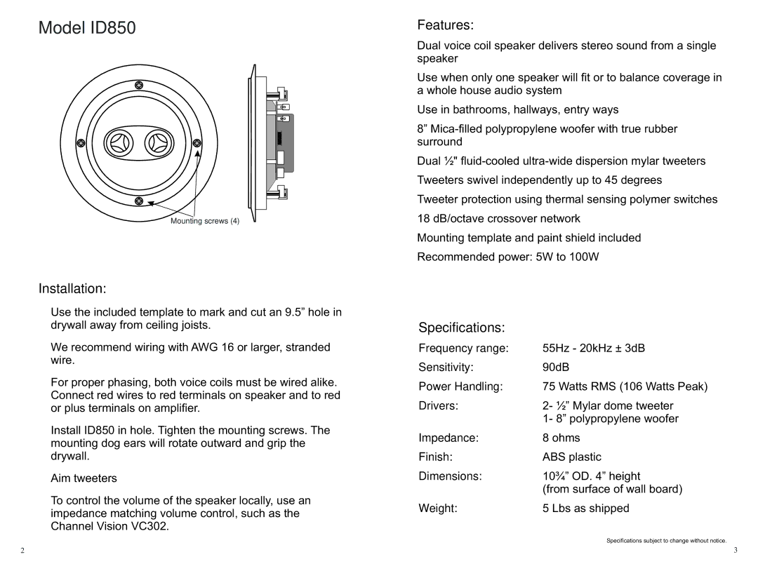 Channel Vision warranty Model ID850, Installation, Features, Specifications 