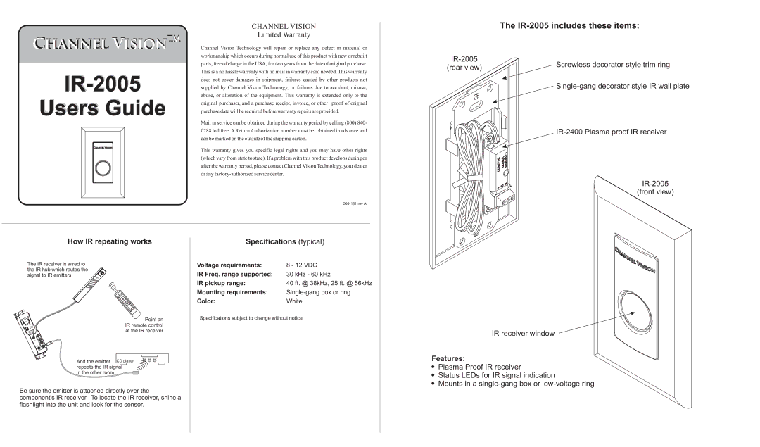 Channel Vision specifications IR-2005 includes these items, Channel Vision, How IR repeating works, Features 