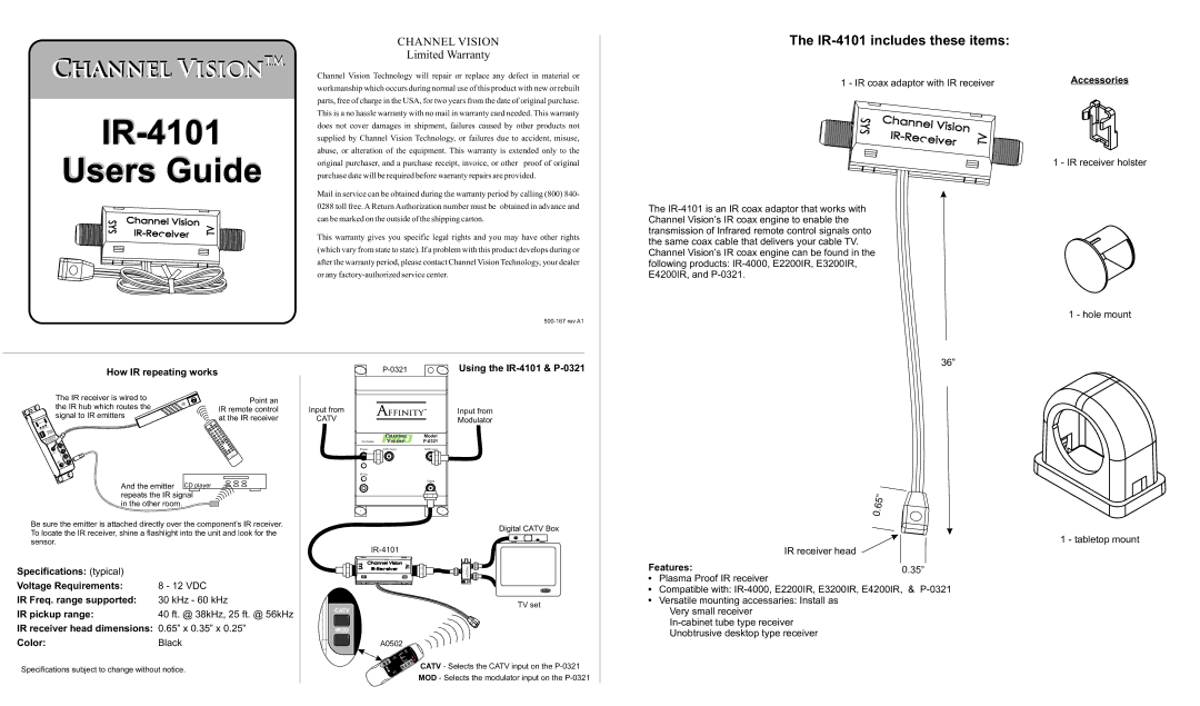Channel Vision warranty IR-4101 includes these items, Channel Vision, Limited Warranty 