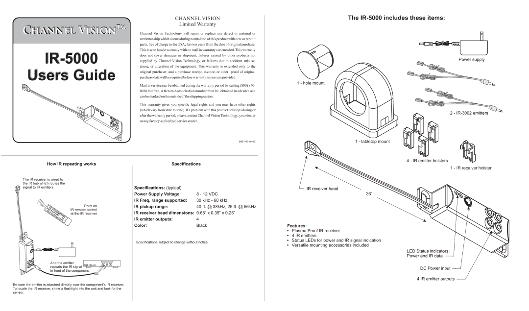 Channel Vision warranty IR-5000 includes these items, Channel Vision, Limited Warranty, How IR repeating works 