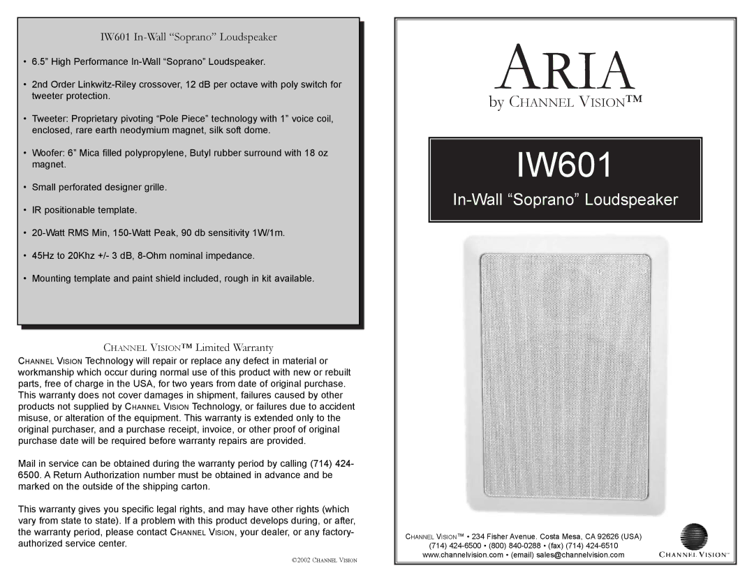 Channel Vision warranty IW601 In-Wall Soprano Loudspeaker, Channel Vision Limited Warranty 