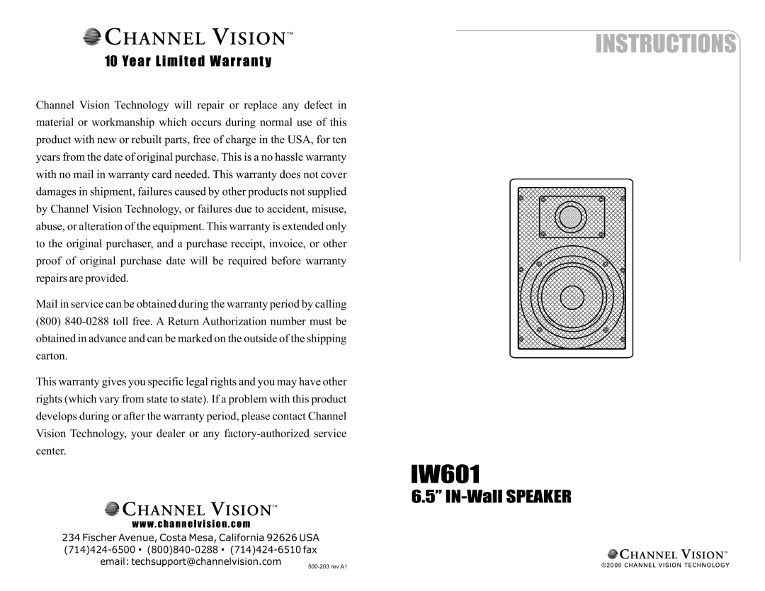 Channel Vision IW601 warranty IN-Wall Speaker, W . c h a n n e l v i s i o n . c o m 