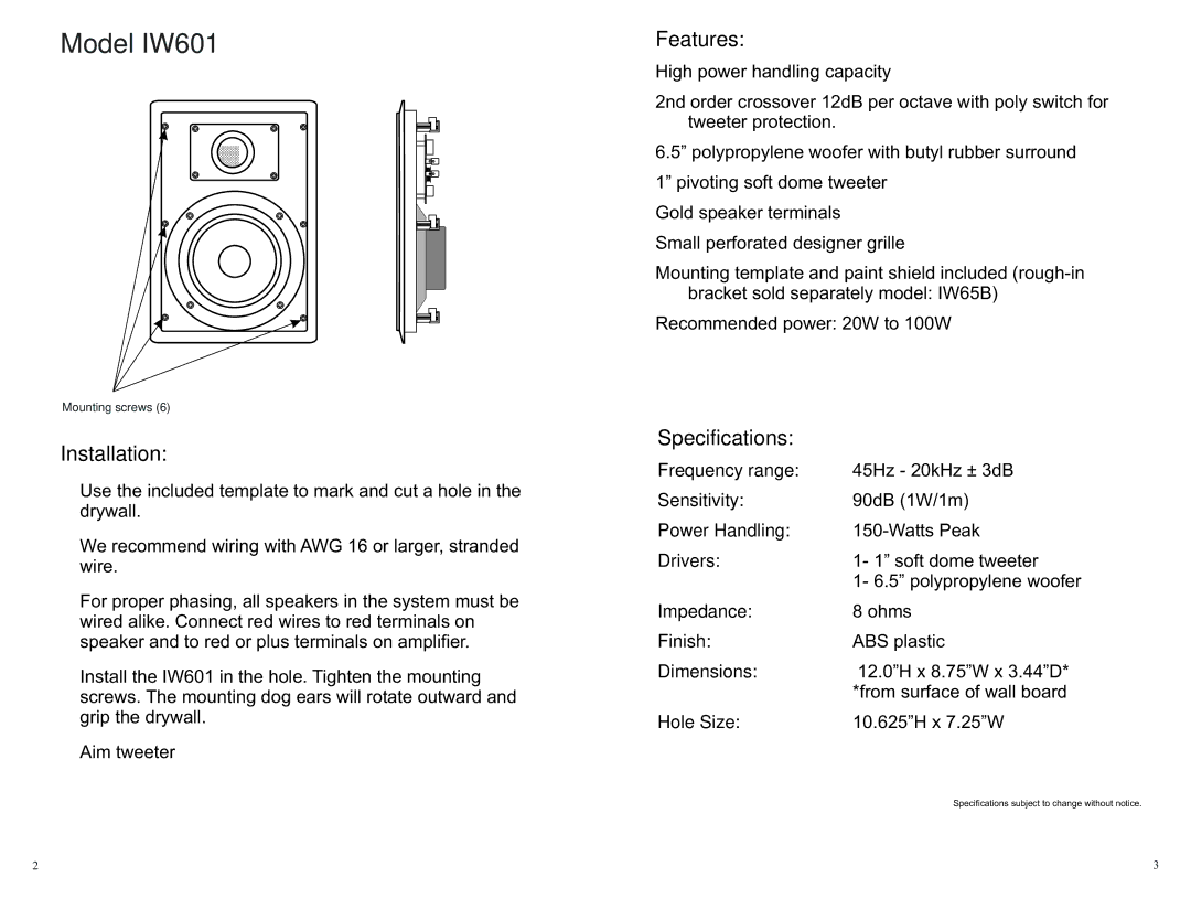 Channel Vision warranty Model IW601, Installation, Features, Specifications 