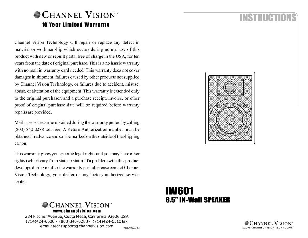 Channel Vision IW601 warranty 6.5” IN-WallSPEAKER 