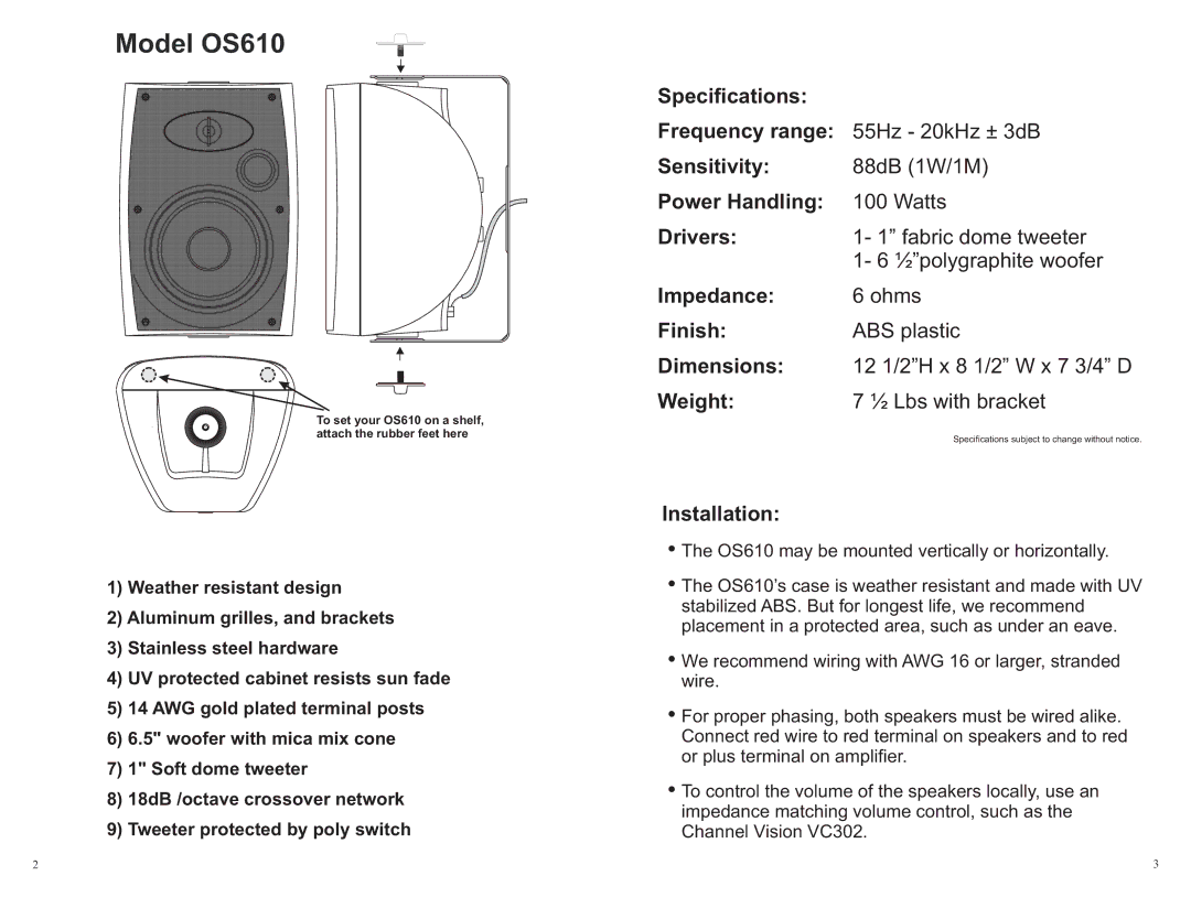 Channel Vision warranty Model OS610, Installation 