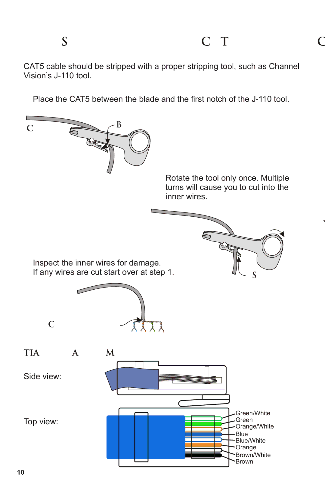 Channel Vision P-0921 manual Stripping and Connecting CAT5 Wire, TIA-568A RJ-45 Modular Plug 