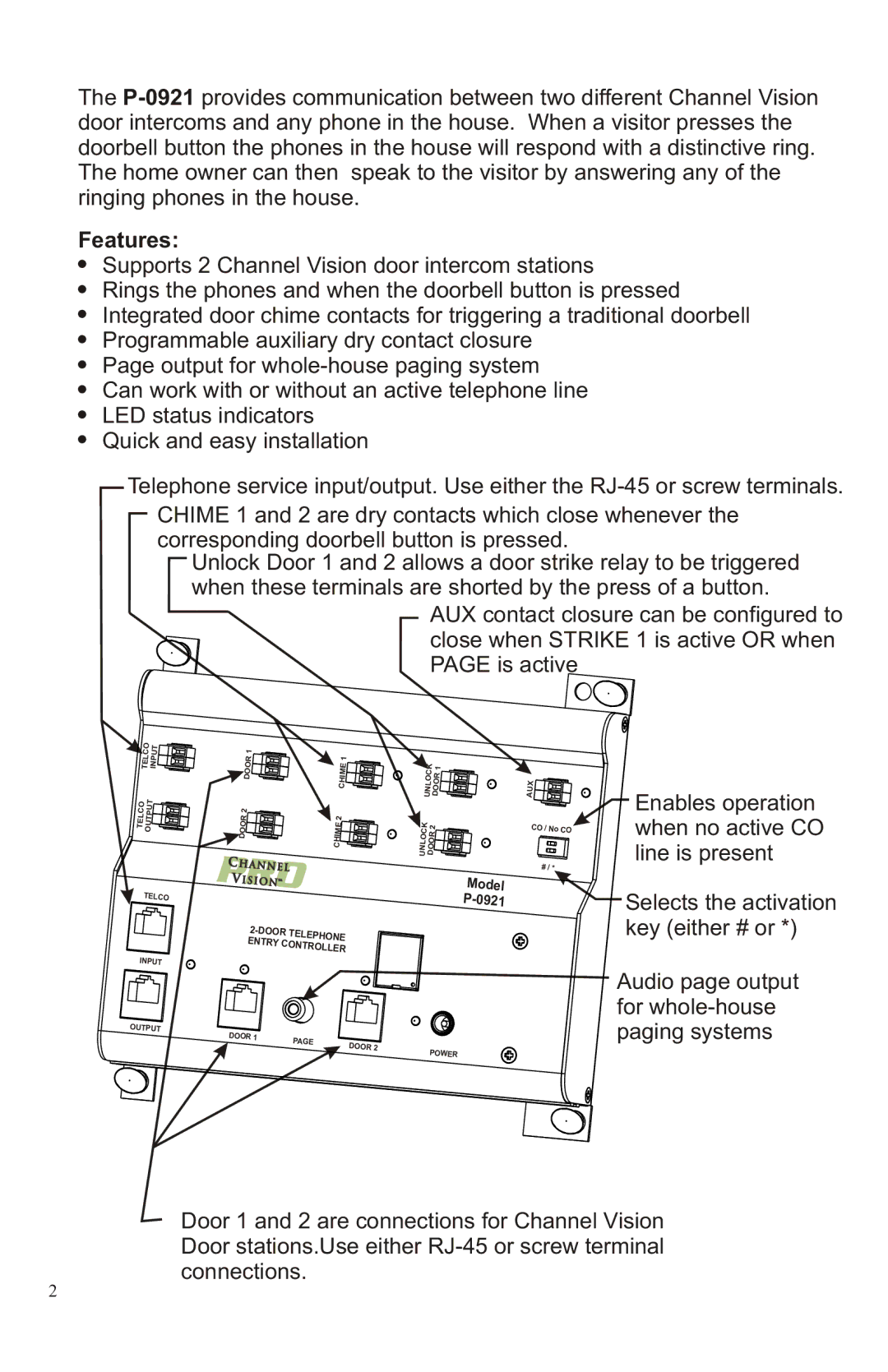 Channel Vision P-0921 manual Features 