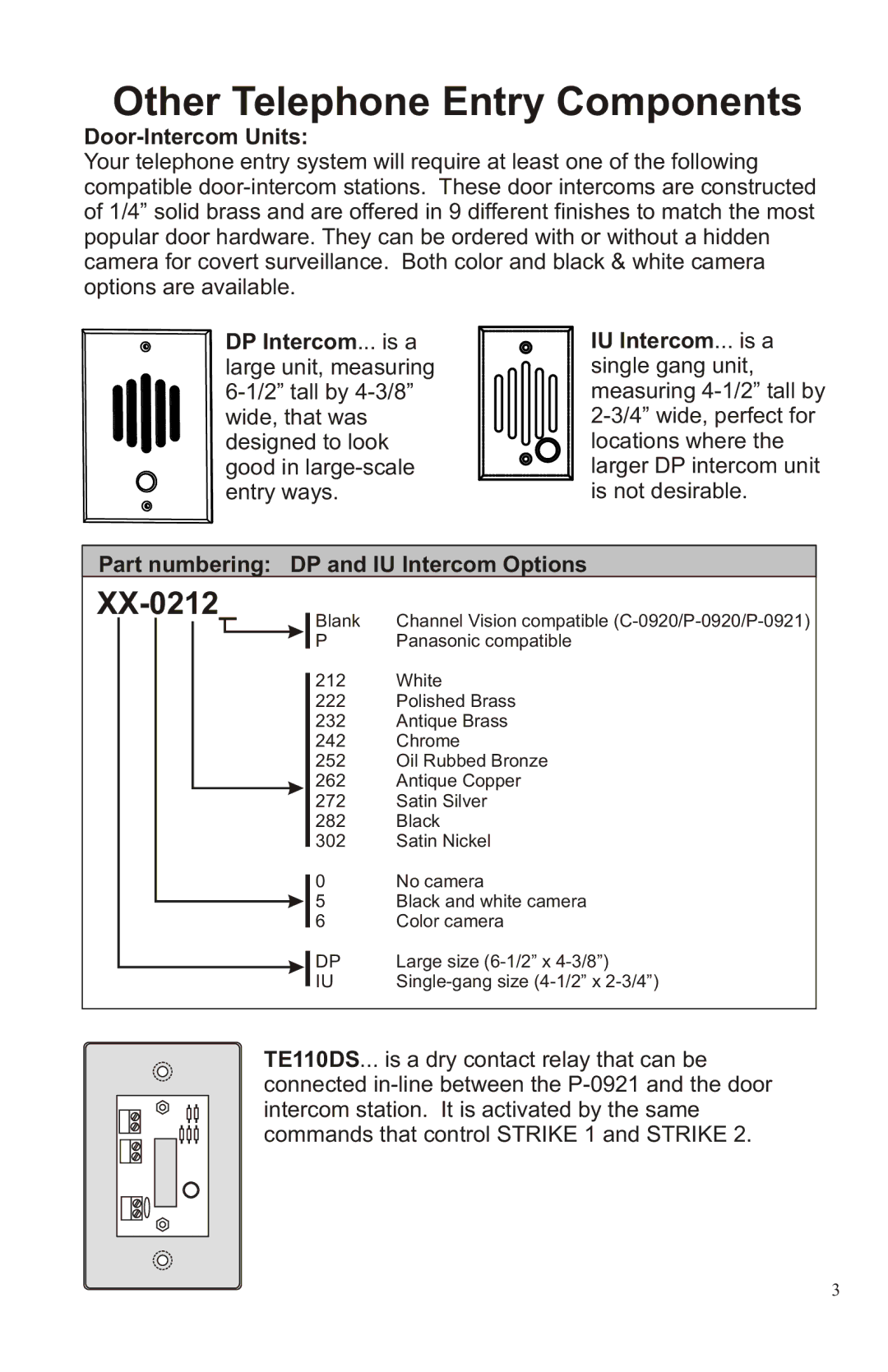 Channel Vision P-0921 manual Other Telephone Entry Components, XX-0212, Door-Intercom Units 