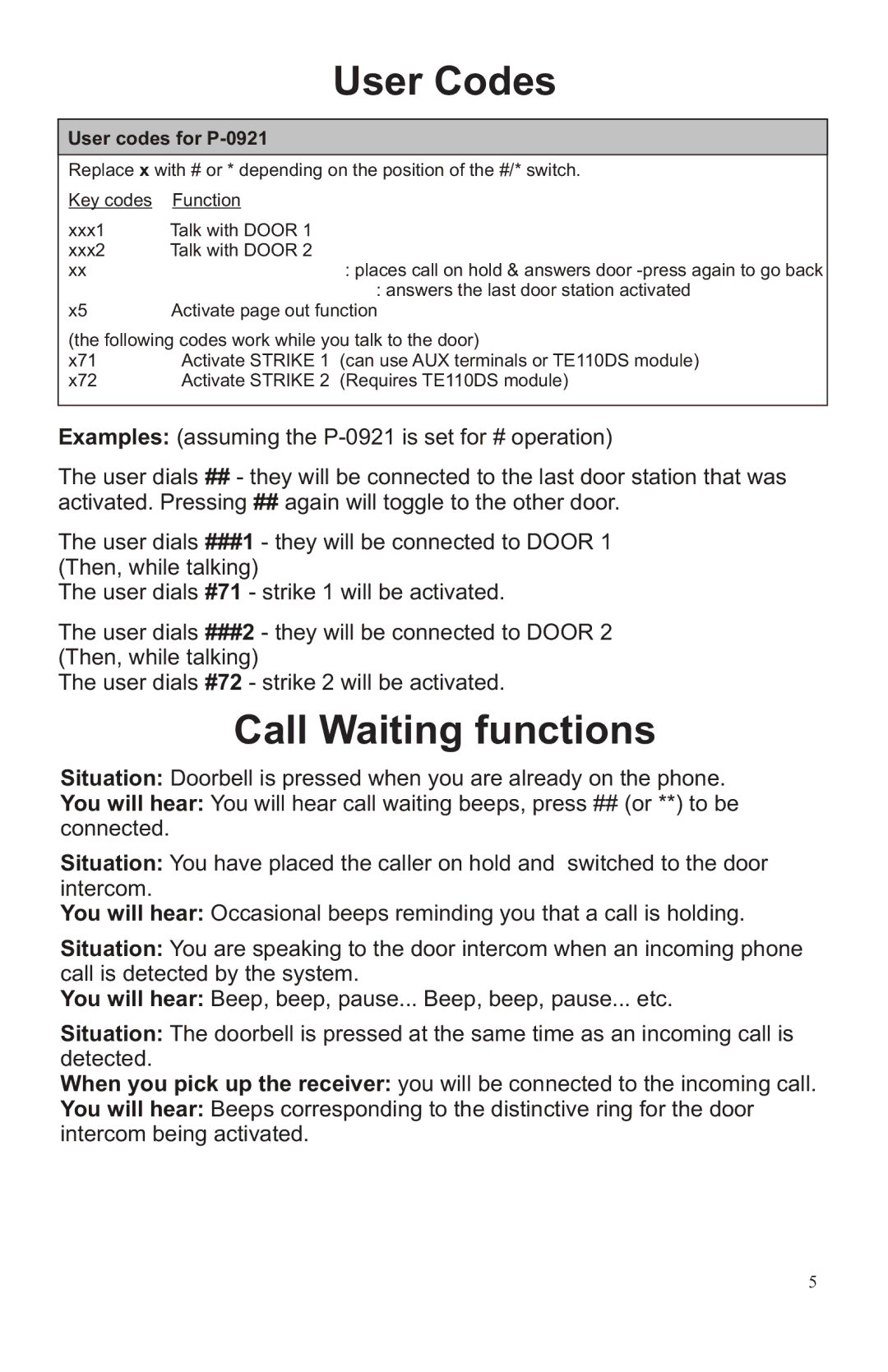 Channel Vision P-0921 manual User Codes, Call Waiting functions 