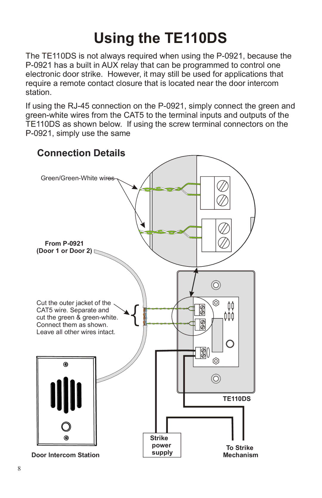 Channel Vision manual Using the TE110DS, From P-0921 Door 1 or Door, Door Intercom Station, Strike Power, Supply 