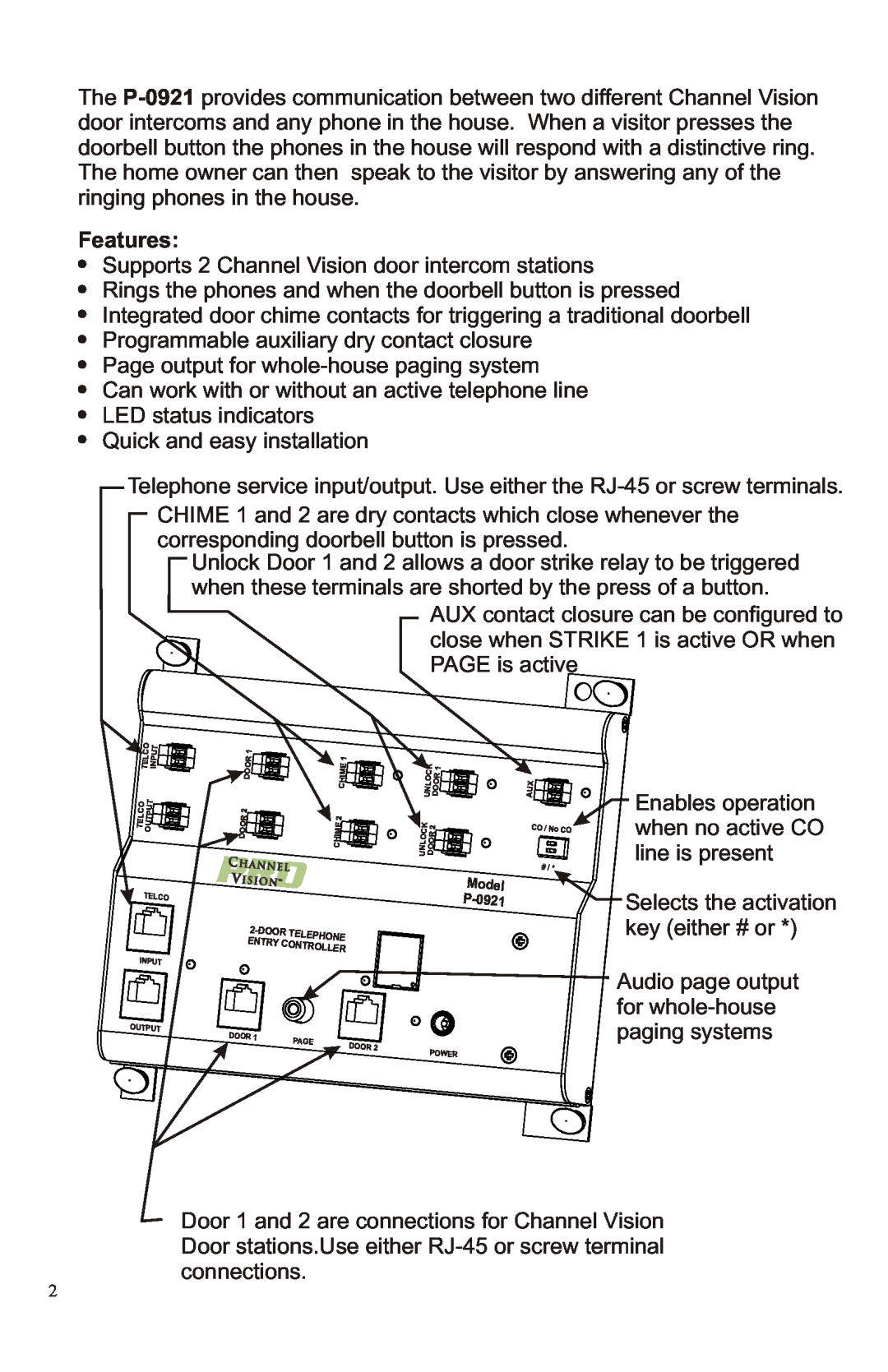 Channel Vision P-0921 manual Features 