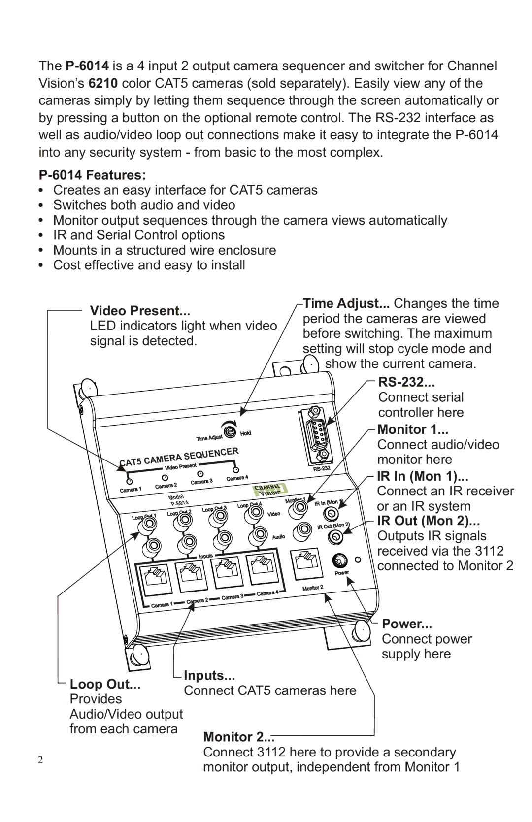 Channel Vision P-6014, 6210 manual Features, Video Present, RS-232, Monitor, IR In Mon, IR Out Mon, Loop Out, Power, Inputs 