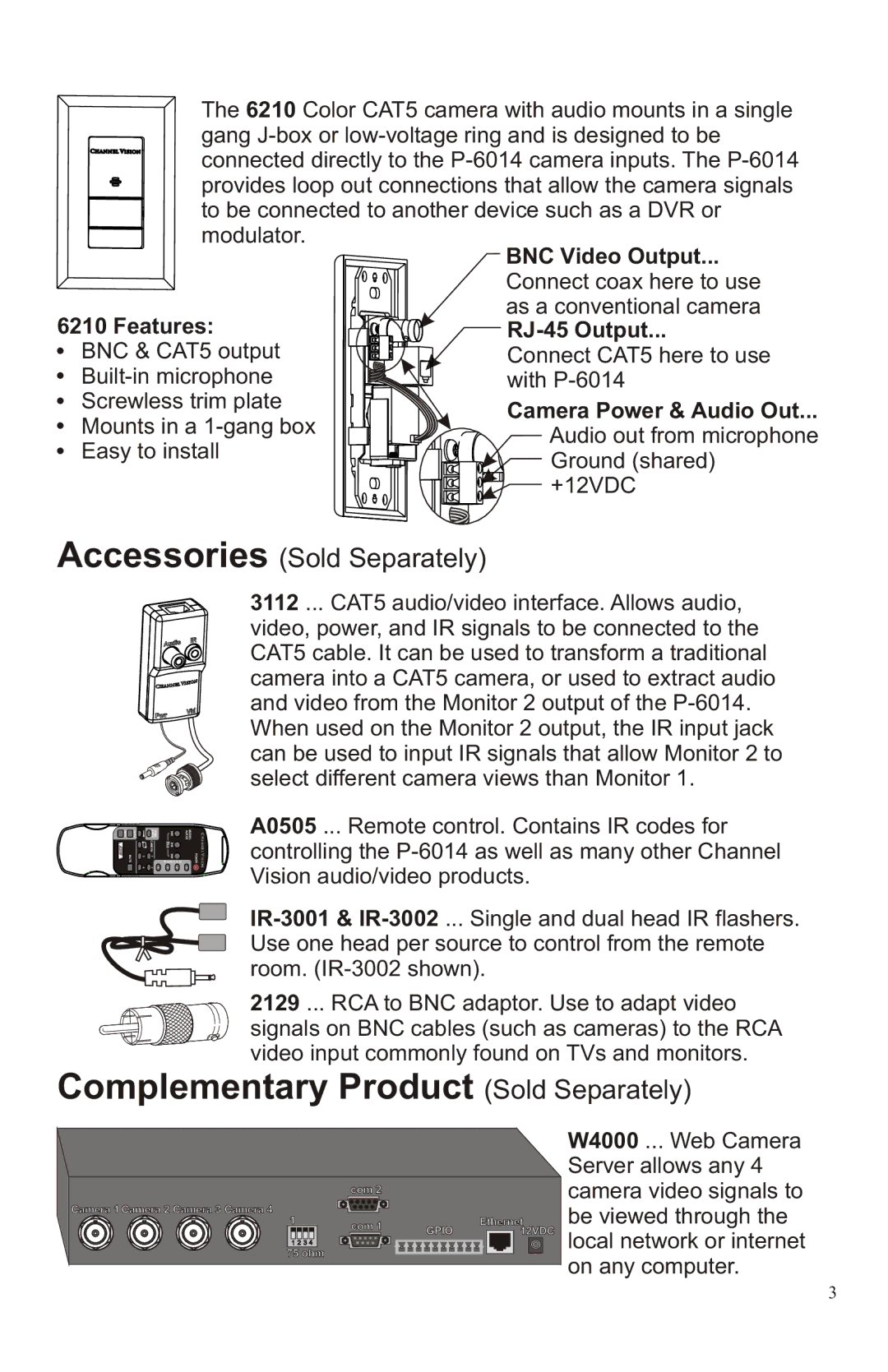 Channel Vision 6210, P-6014 manual BNC Video Output, RJ-45 Output, Camera Power & Audio Out 