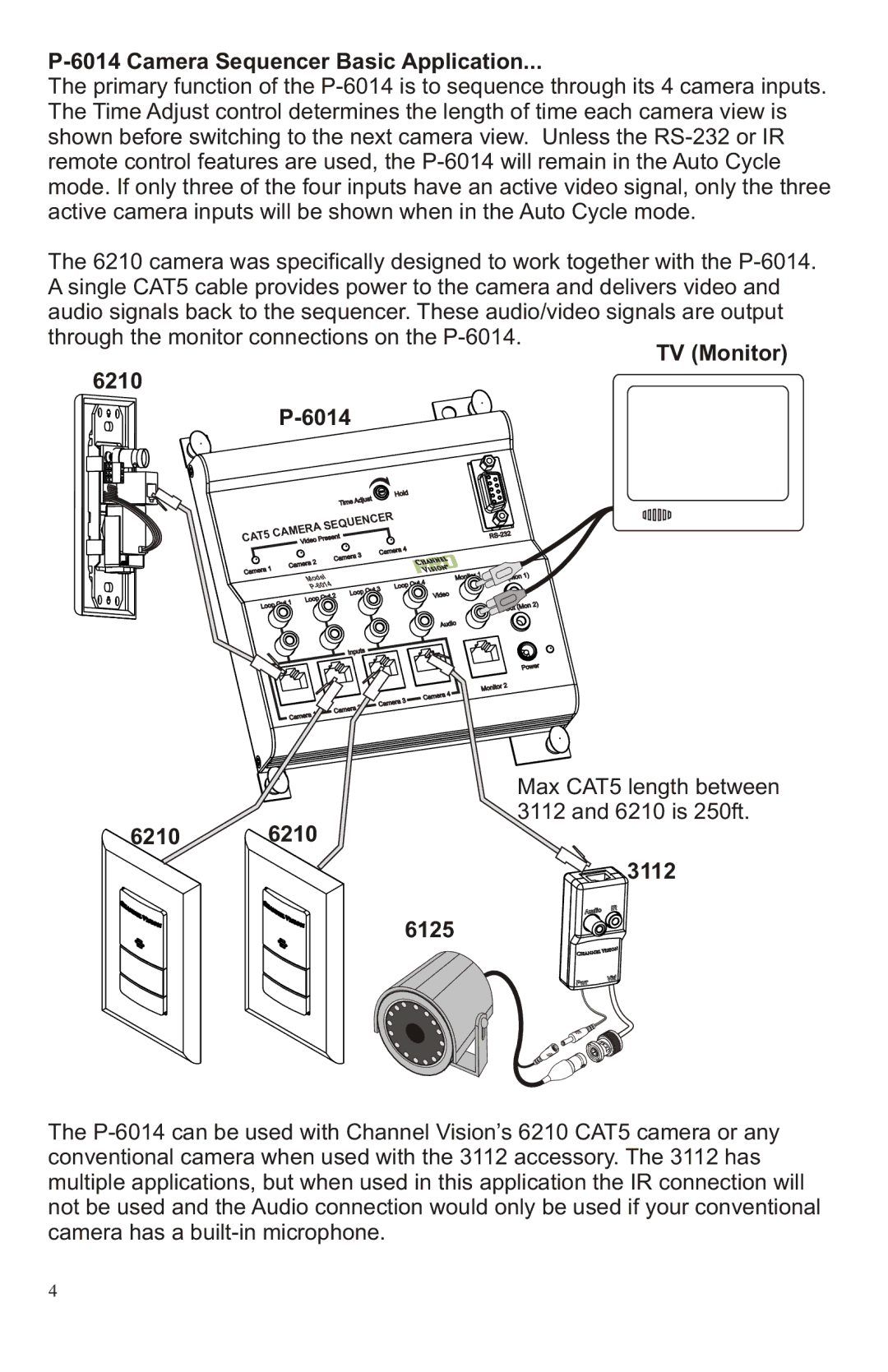 Channel Vision P-6014 manual Camera Sequencer Basic Application, TV Monitor 6210 6014, 6210 3112 6125 