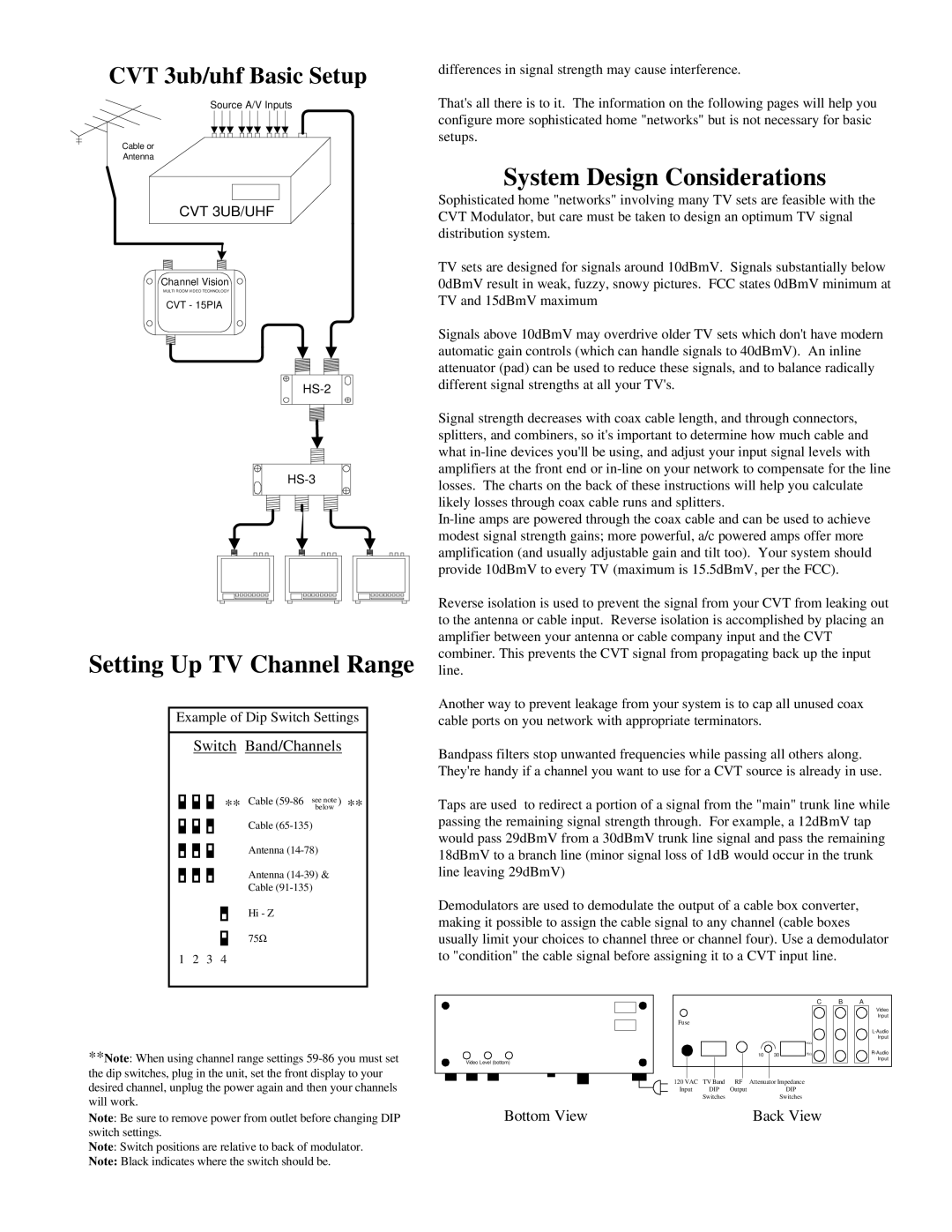 Channel Vision Stereo Receiver installation instructions Setting Up TV Channel Range, System Design Considerations 