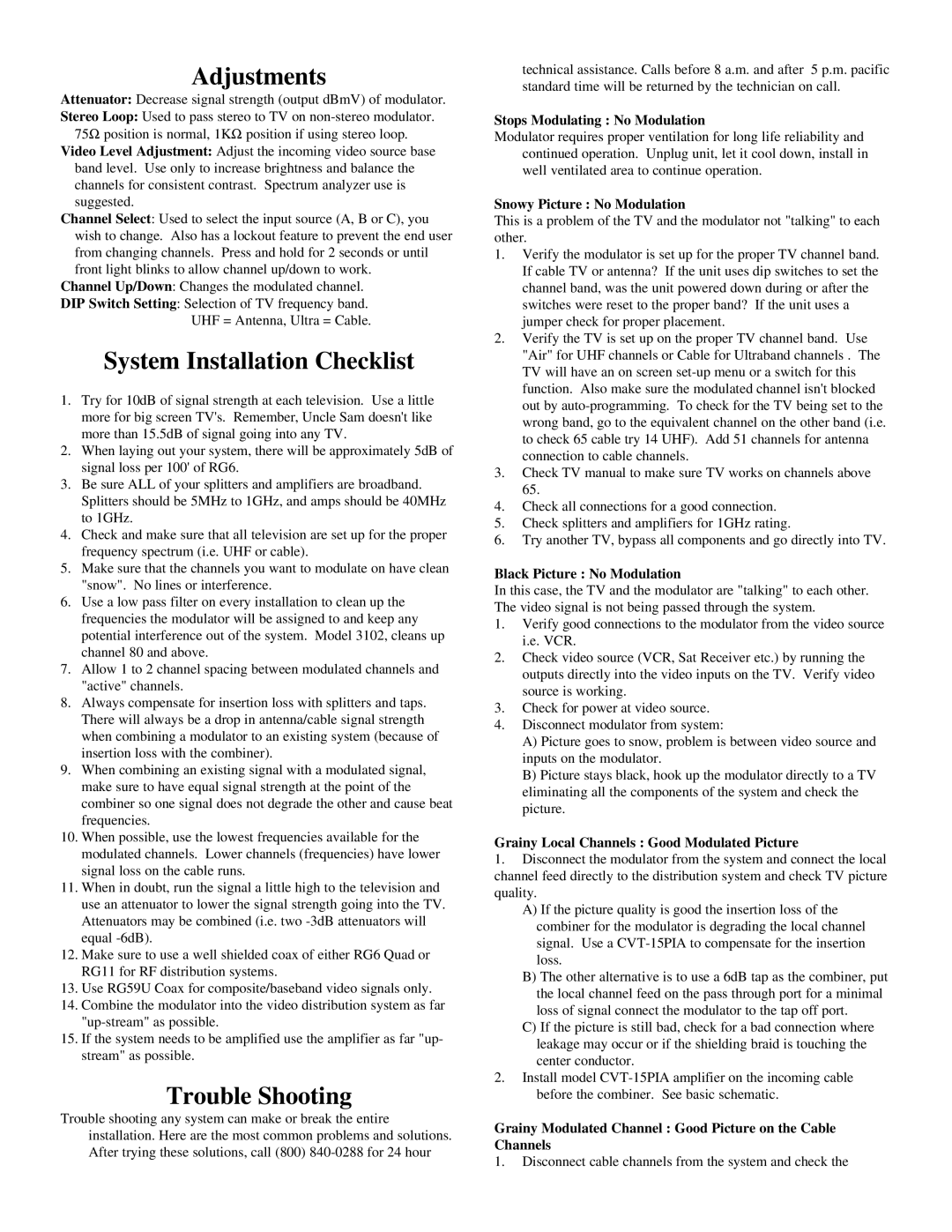 Channel Vision Stereo Receiver installation instructions Adjustments, System Installation Checklist, Trouble Shooting 