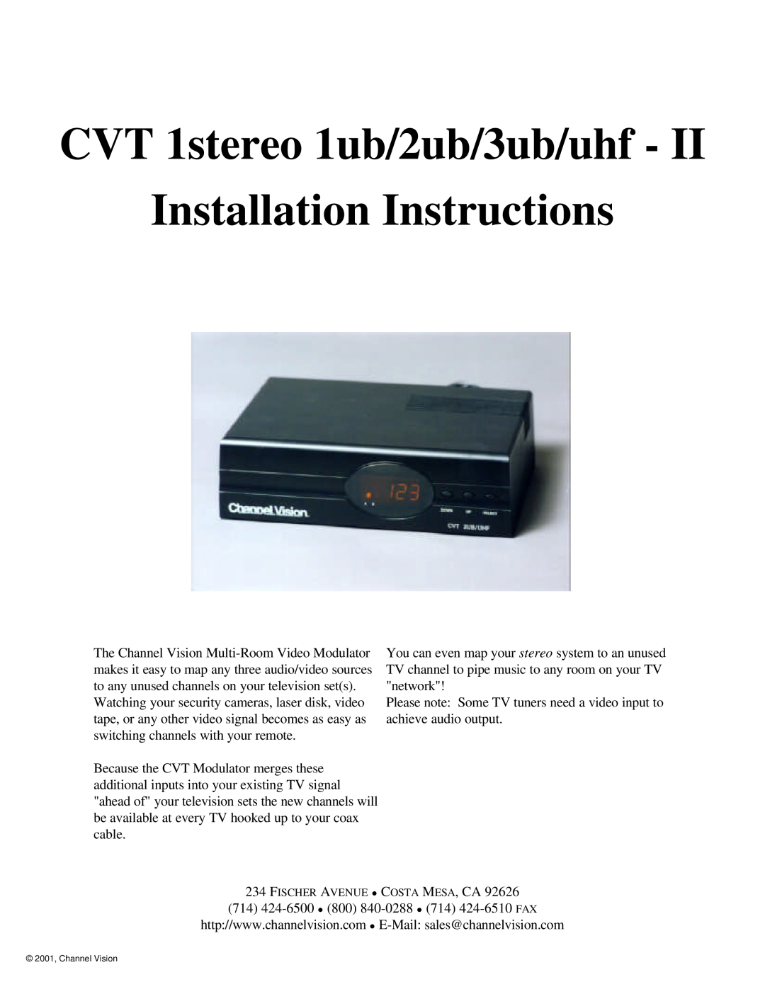 Channel Vision Stereo Receiver installation instructions CVT 1stereo 1ub/2ub/3ub/uhf, Installation Instructions 