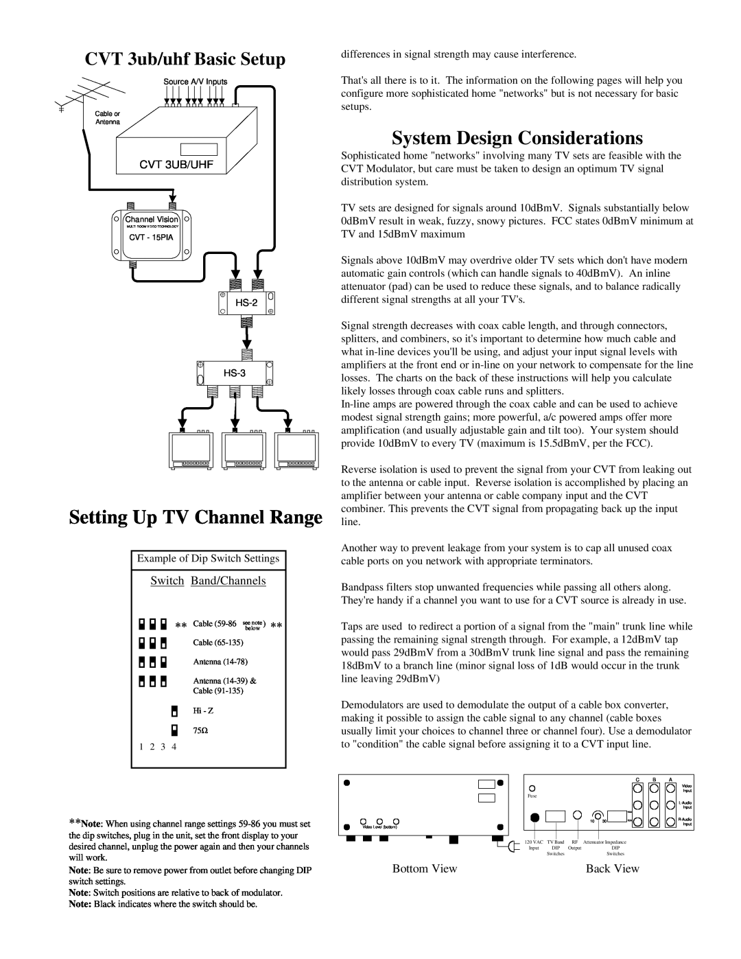 Channel Vision Stereo Receiver Setting Up TV Channel Range, System Design Considerations, CVT 3ub/uhf Basic Setup 