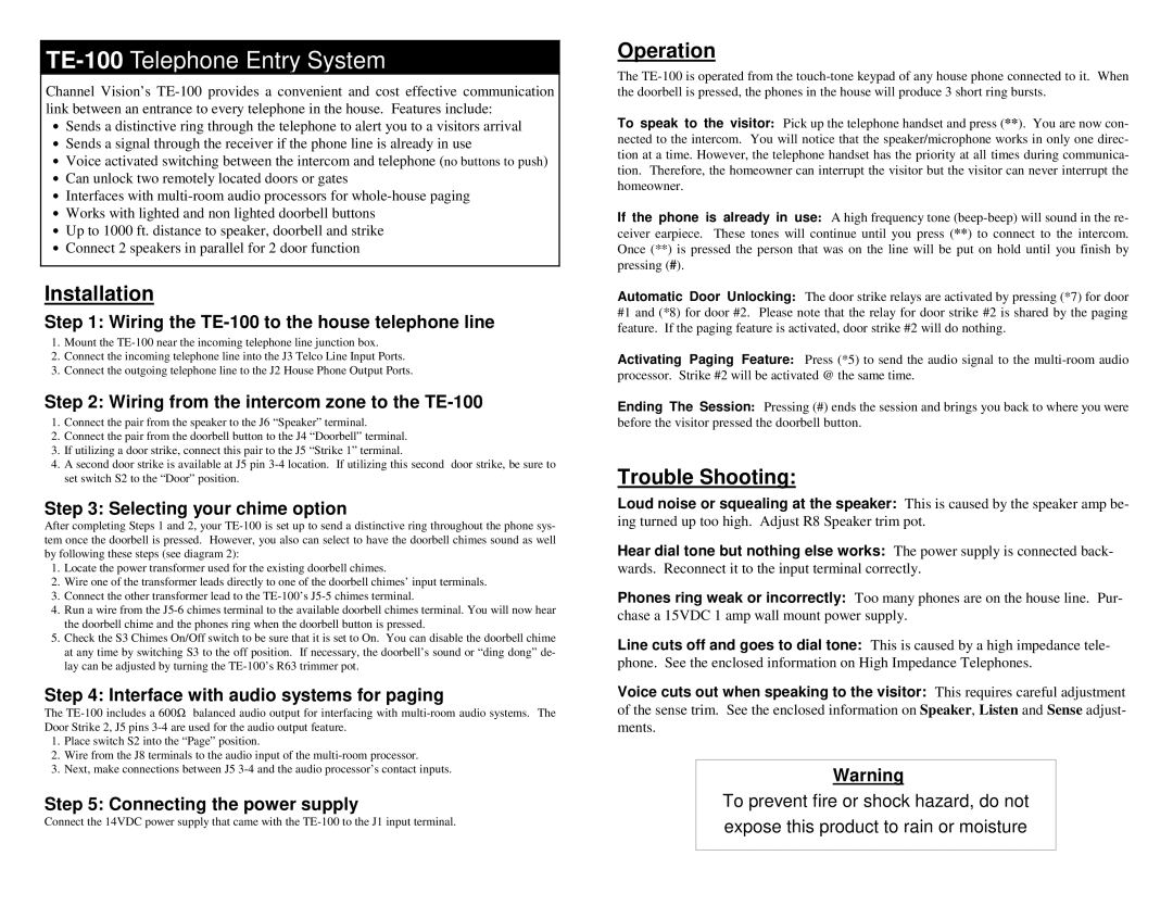 Channel Vision TE-100 warranty Installation, Operation, Trouble Shooting 