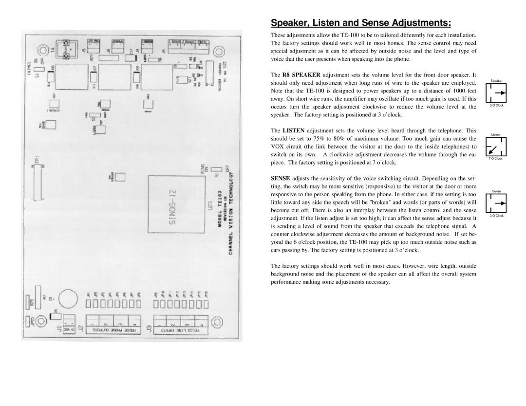Channel Vision TE-100 warranty Speaker, Listen and Sense Adjustments 