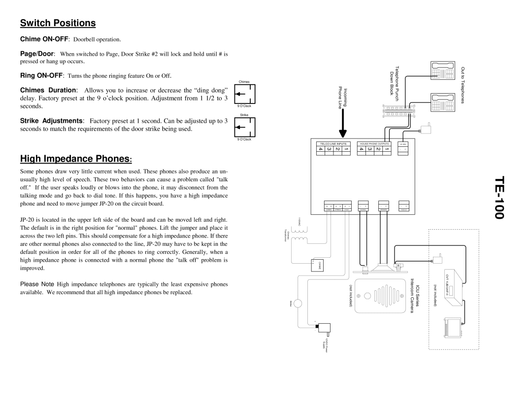 Channel Vision TE-100 warranty Switch Positions, High Impedance Phones 