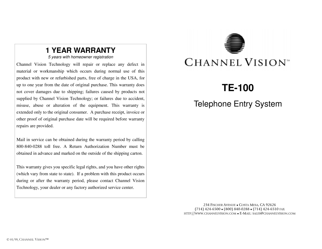 Channel Vision TE-100 warranty Year Warranty, ã&+$11/9,6,21å, Telephone Entry System 