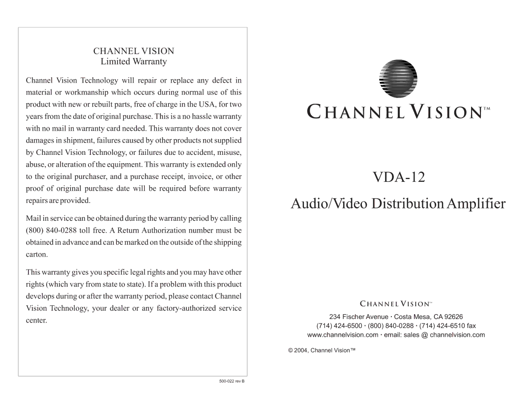 Channel Vision warranty Channel Visiontm, VDA-12 Audio/Video Distribution Amplifier, Limited Warranty 