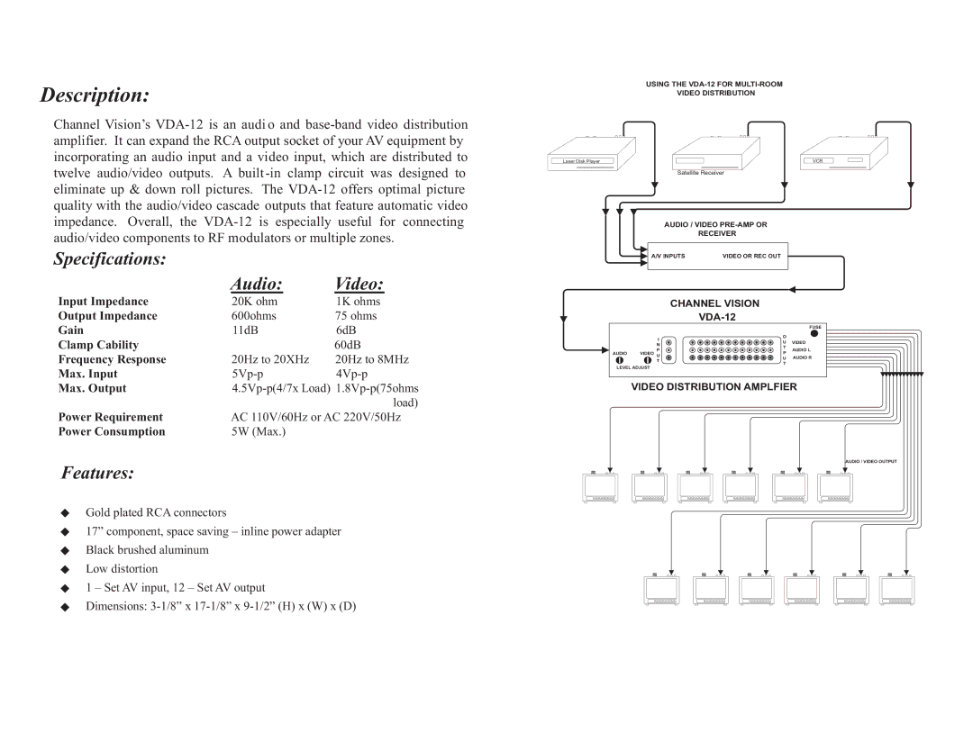 Channel Vision VDA-12 warranty Description, Specifications Audio Video, Features 