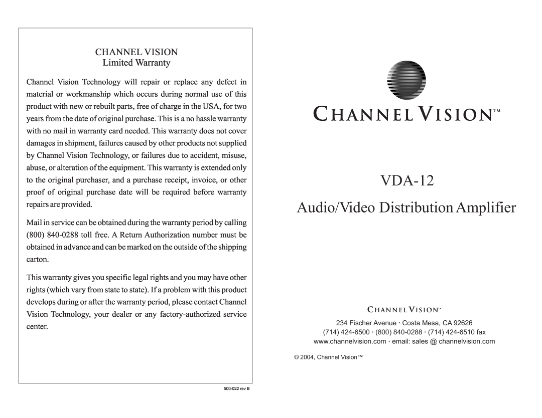 Channel Vision warranty Channel Visiontm, VDA-12 Audio/Video Distribution Amplifier, CHANNEL VISION Limited Warranty 