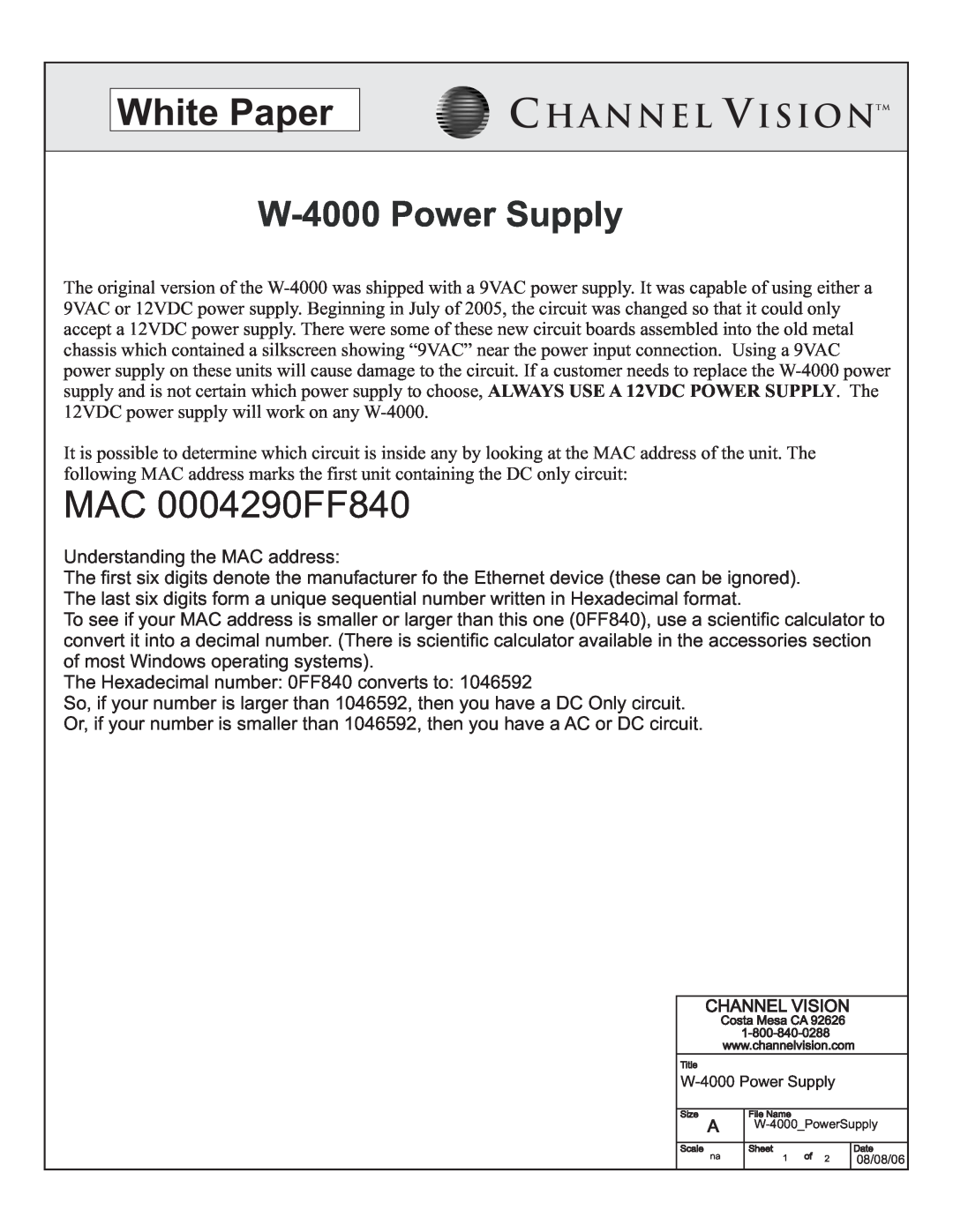 Channel Vision manual White Paper, W-4000 Power Supply, Channel Visiontm, MAC 0004290FF840 