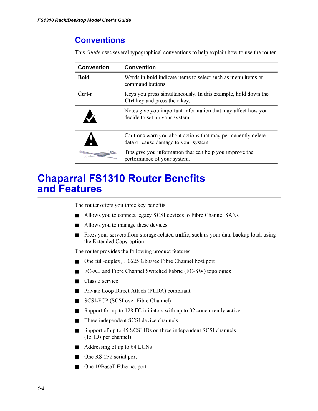 Chaparral Chaparral FS 1310 manual Chaparral FS1310 Router Benefits and Features, Conventions, Bold, Ctrl-r 