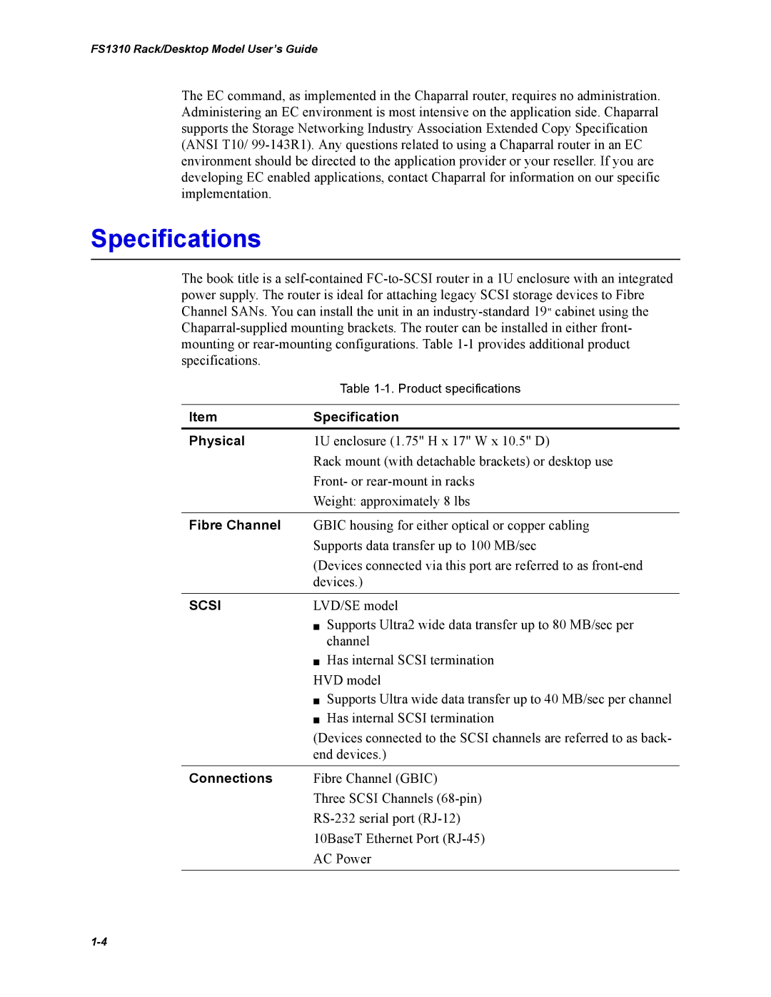 Chaparral Chaparral FS 1310 manual Specifications, Physical, Fibre Channel, Connections 