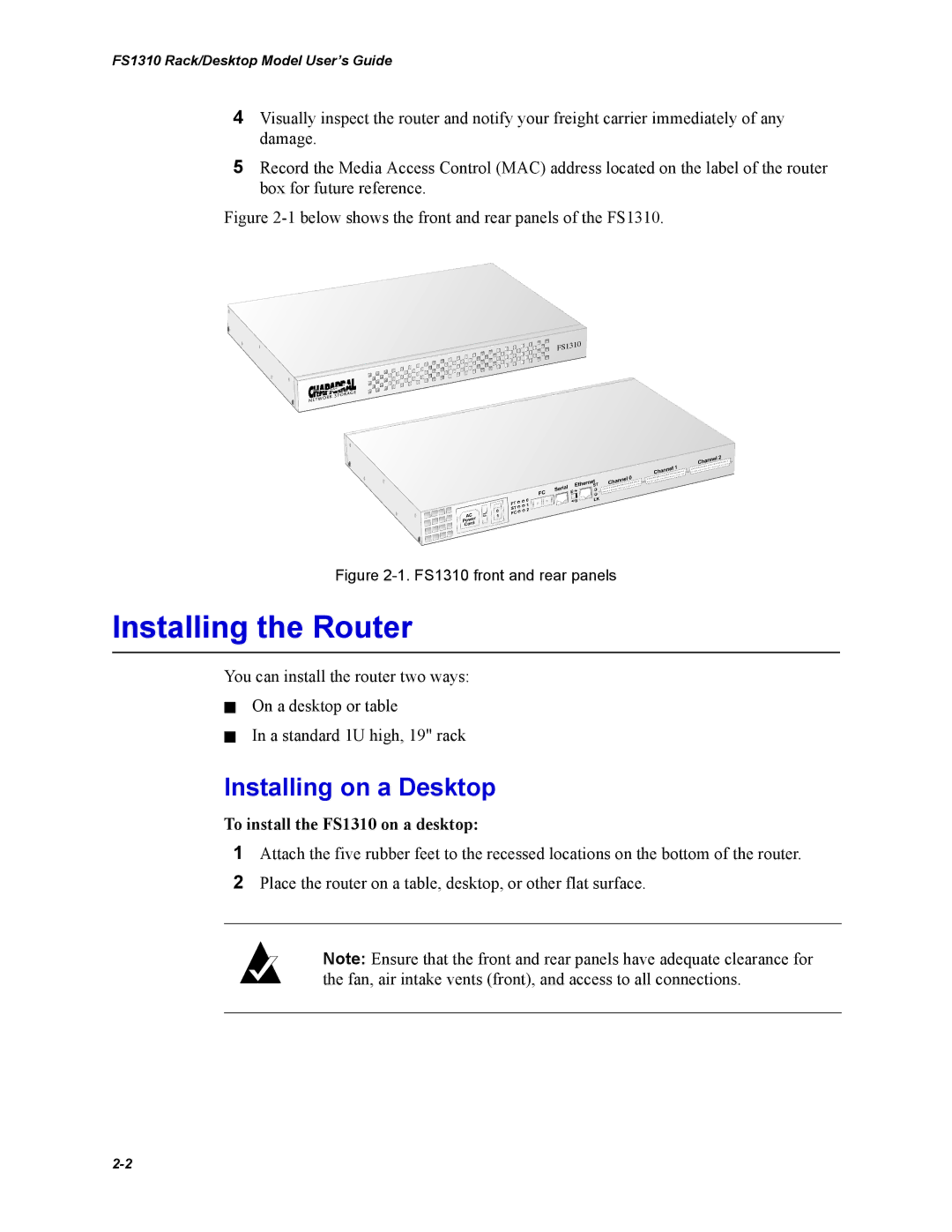 Chaparral Chaparral FS 1310 manual Installing the Router, Installing on a Desktop, To install the FS1310 on a desktop 