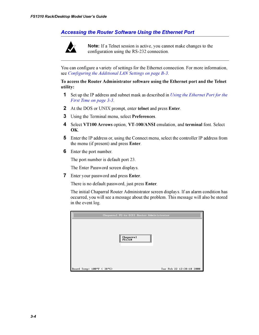 Chaparral Chaparral FS 1310 manual Accessing the Router Software Using the Ethernet Port 