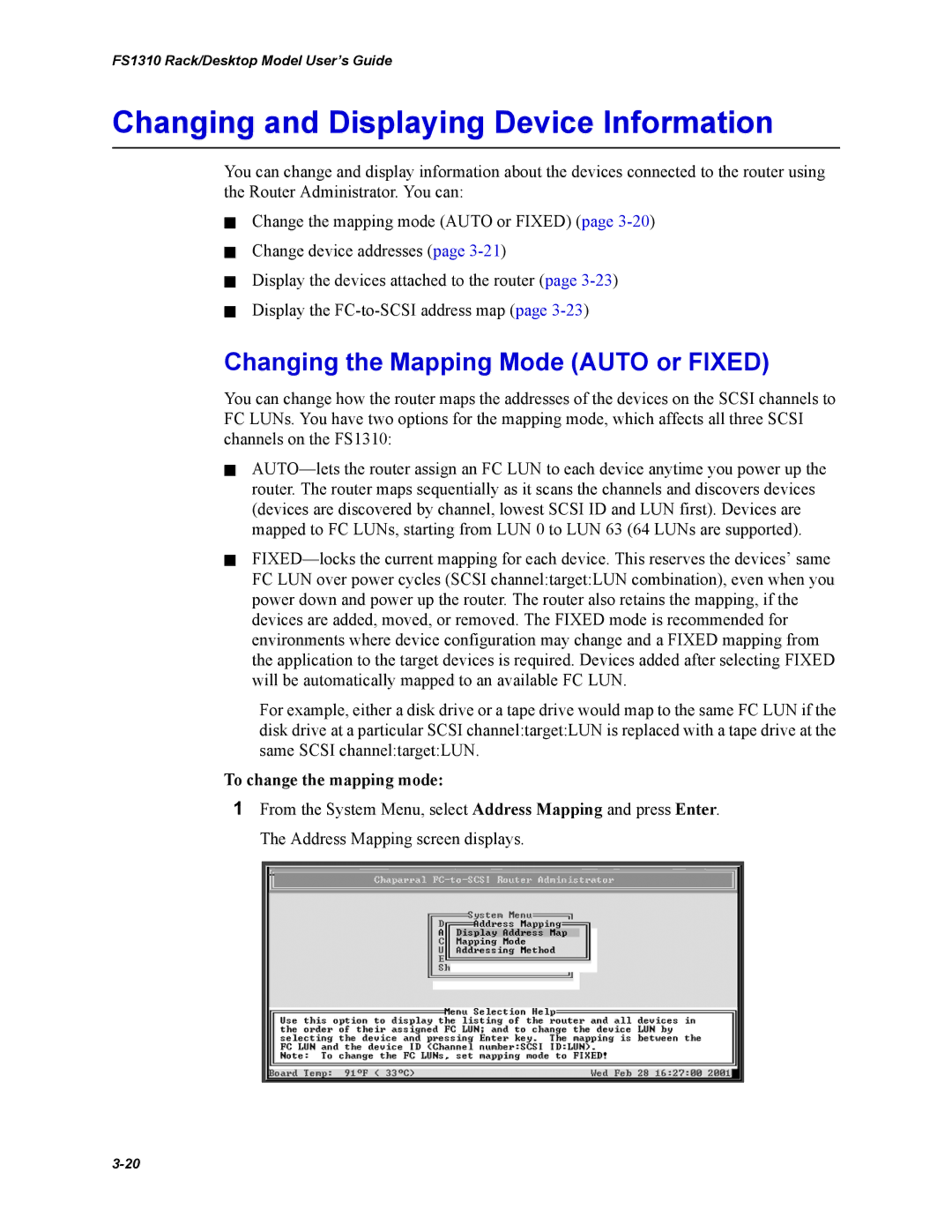 Chaparral Chaparral FS 1310 manual Changing and Displaying Device Information, Changing the Mapping Mode Auto or Fixed 