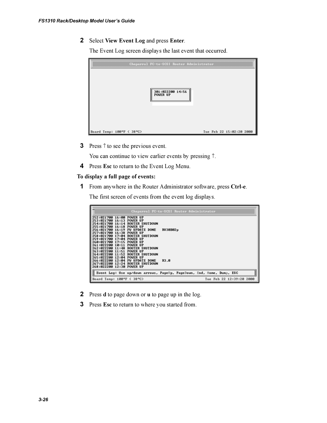 Chaparral Chaparral FS 1310 manual Select View Event Log and press Enter, To display a full page of events 