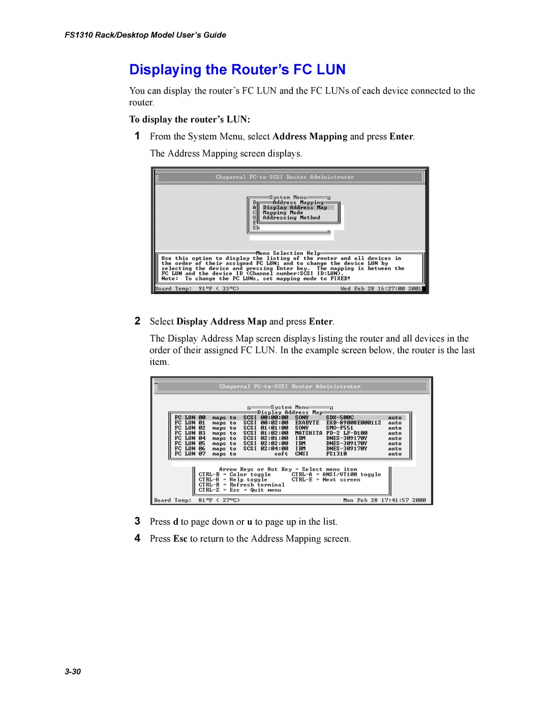 Chaparral Chaparral FS 1310 manual Displaying the Router’s FC LUN, To display the router’s LUN 