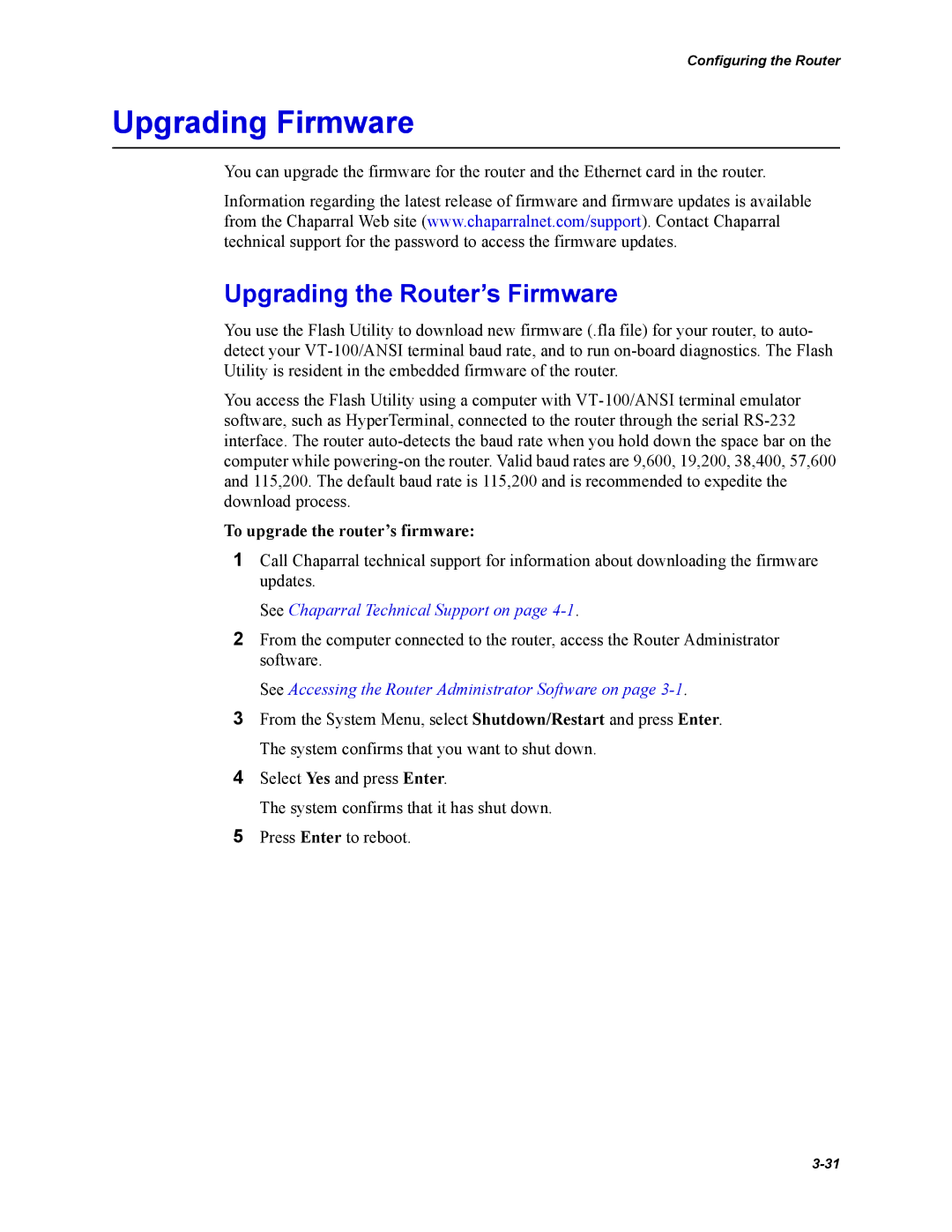 Chaparral Chaparral FS 1310 manual Upgrading Firmware, Upgrading the Router’s Firmware, To upgrade the router’s firmware 