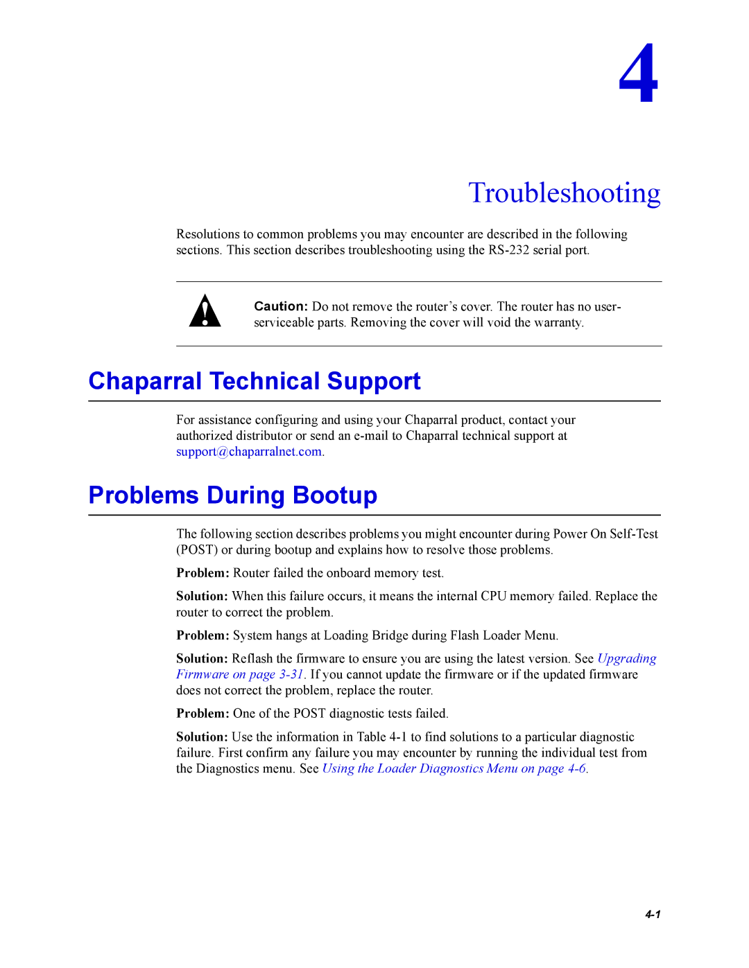 Chaparral Chaparral FS 1310 manual Troubleshooting, Chaparral Technical Support, Problems During Bootup 