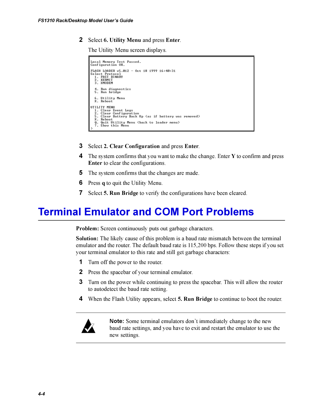 Chaparral Chaparral FS 1310 manual Terminal Emulator and COM Port Problems, Select 2. Clear Configuration and press Enter 