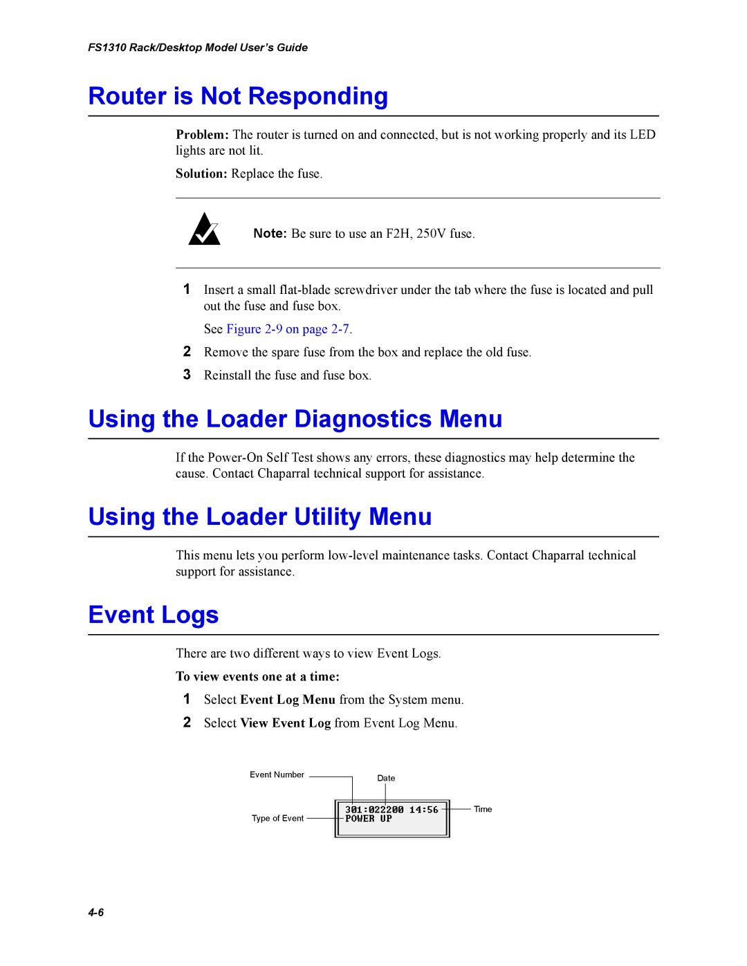 Chaparral Chaparral FS 1310 Router is Not Responding, Using the Loader Diagnostics Menu, Using the Loader Utility Menu 