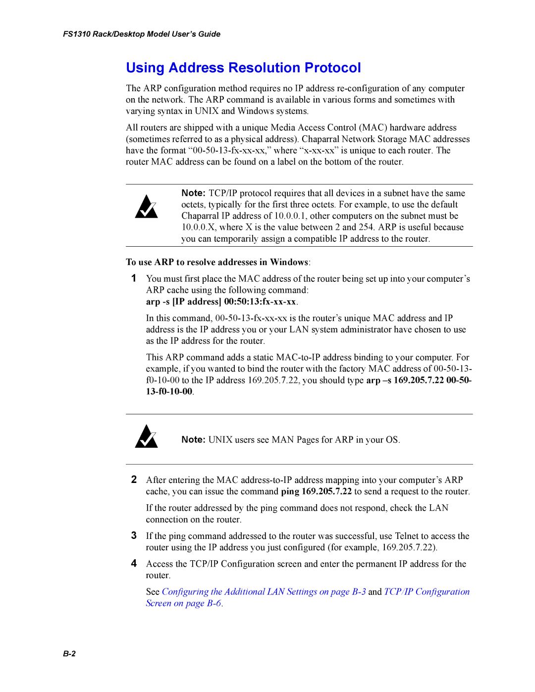 Chaparral Chaparral FS 1310 manual Using Address Resolution Protocol, To use ARP to resolve addresses in Windows 