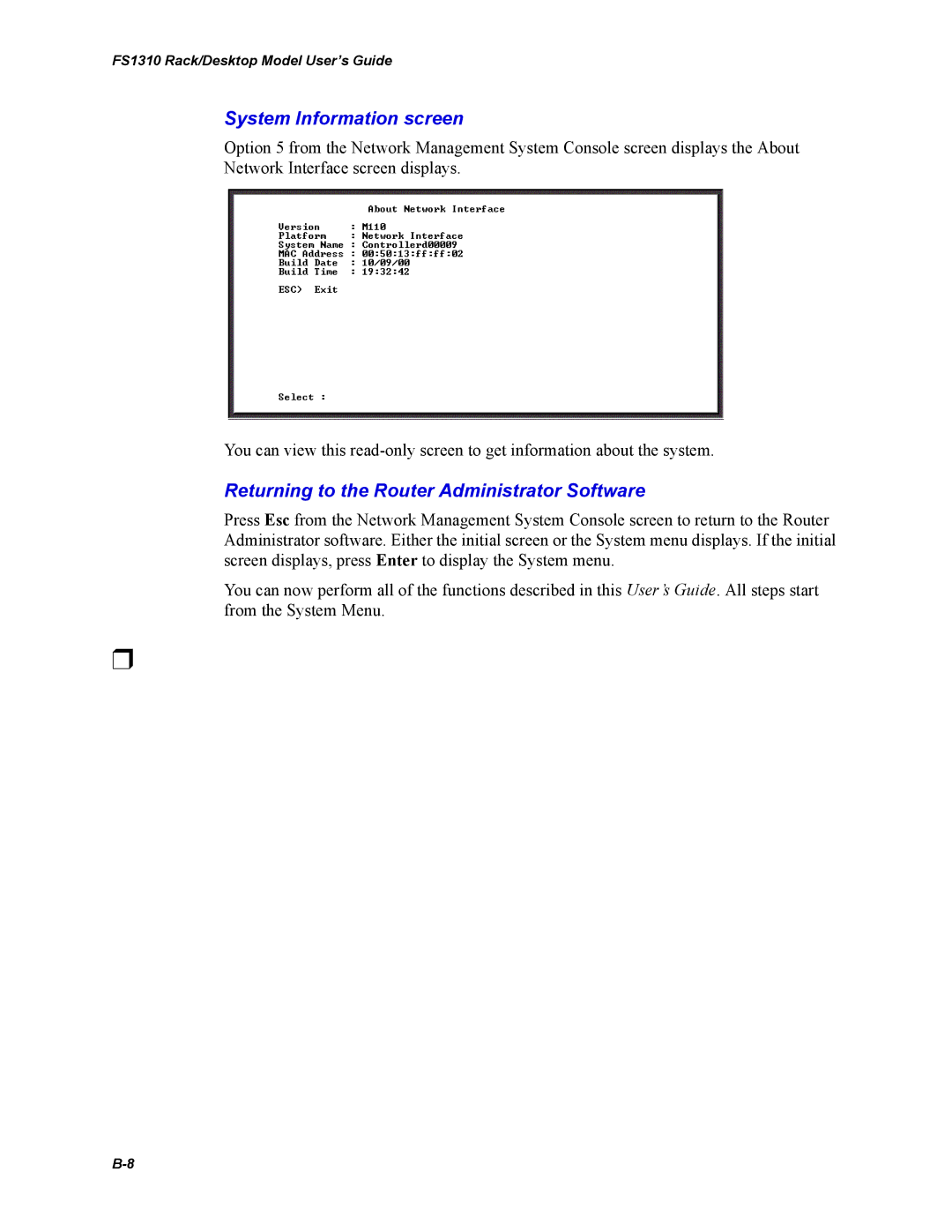 Chaparral Chaparral FS 1310 manual System Information screen 