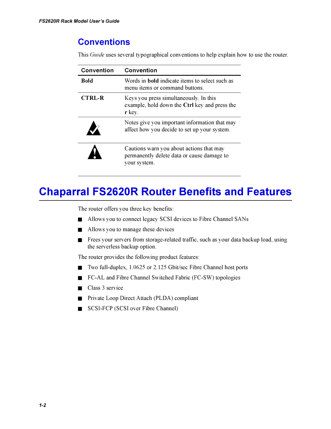 Chaparral manual Chaparral FS2620R Router Benefits and Features, Conventions, Bold 