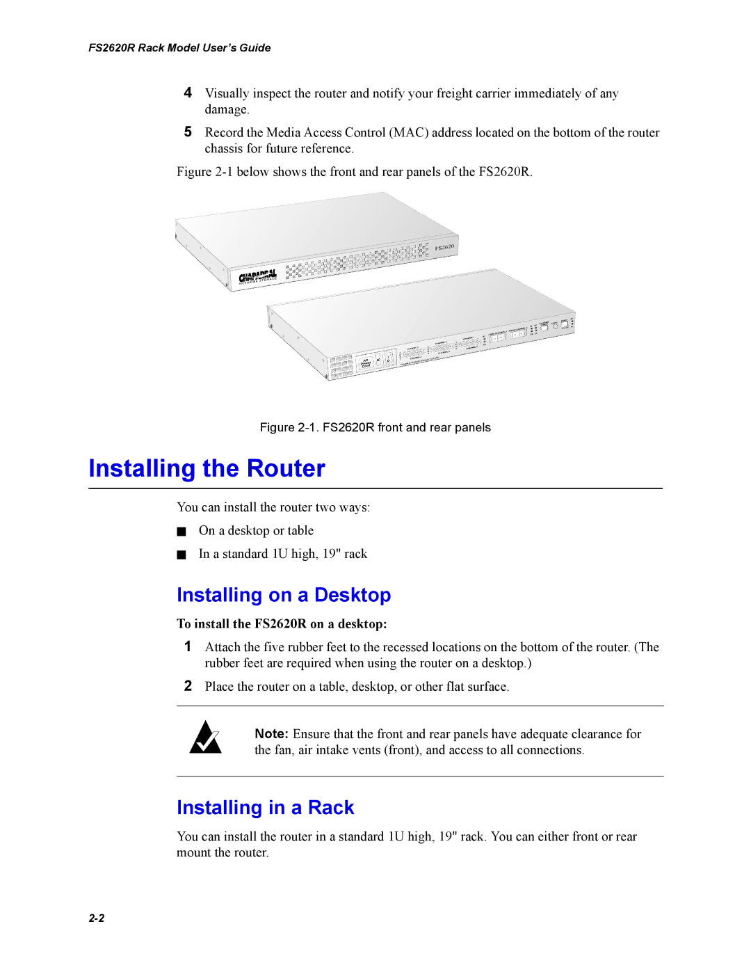 Chaparral FS2620R manual Installing the Router, Installing on a Desktop, Installing in a Rack 