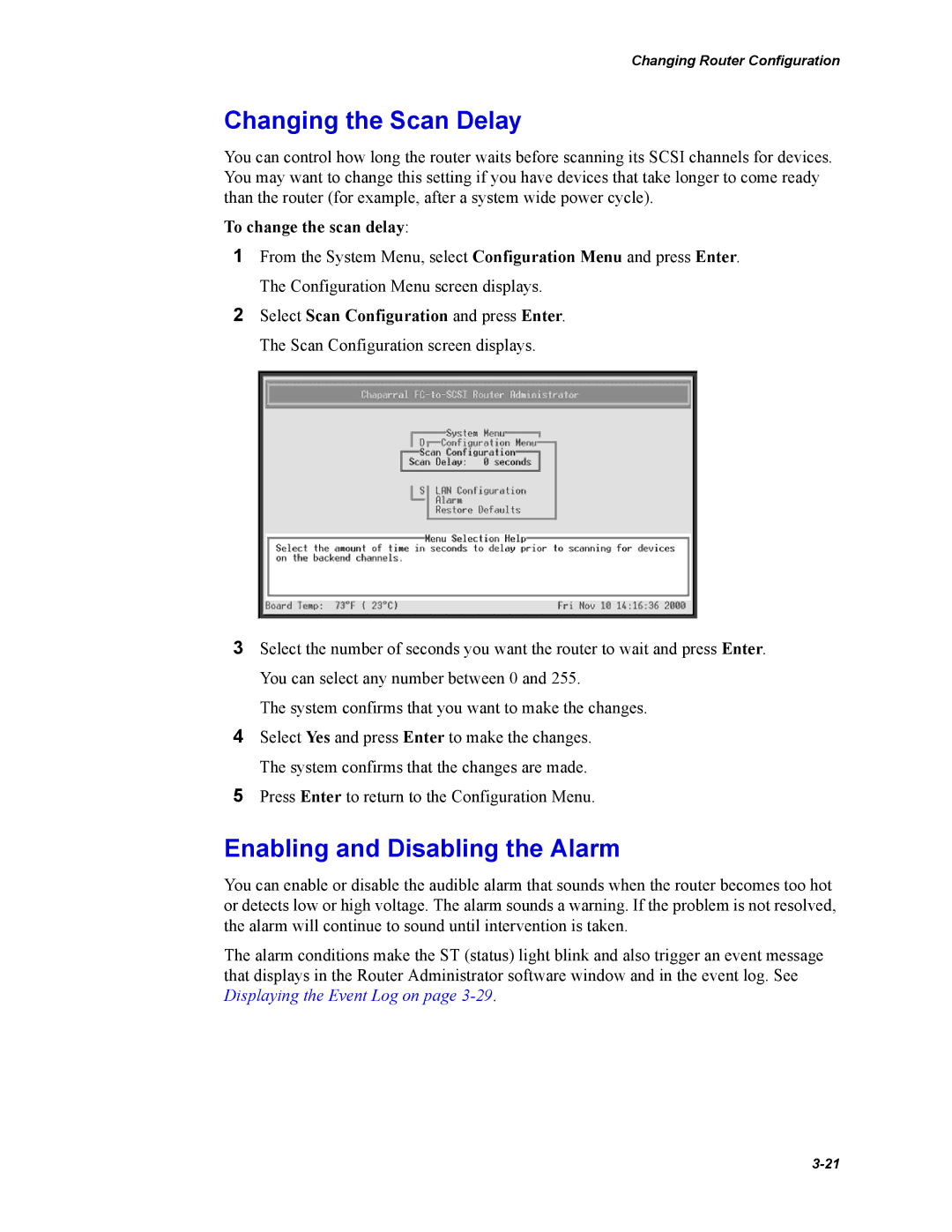 Chaparral FS2620R manual Changing the Scan Delay, Enabling and Disabling the Alarm, To change the scan delay 