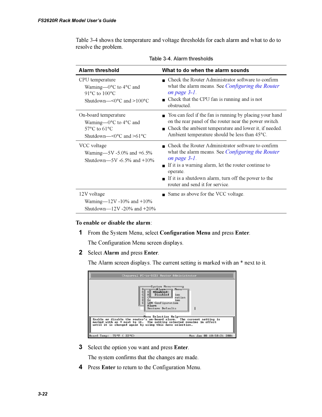 Chaparral FS2620R manual To enable or disable the alarm, Alarm threshold What to do when the alarm sounds 